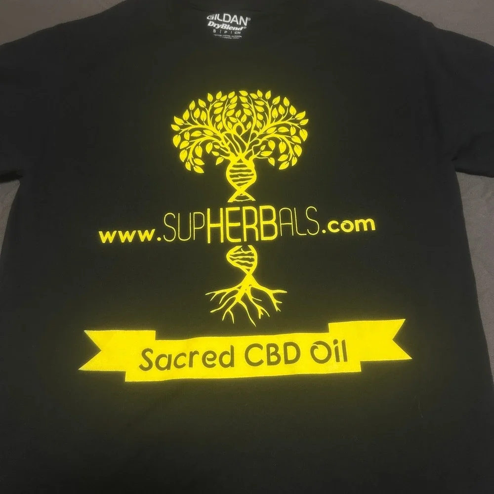 Gildan Mens SupHerbals Sacred CBD Oil T-Shirt Small Black Yellow Graphic Tee